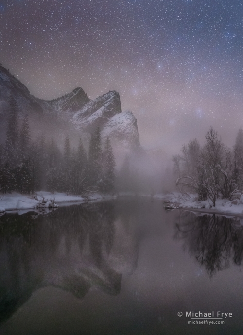 44. Three Brothers on a misty winter night, Yosemite NP, CA, USA