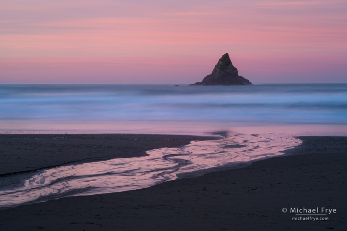 Creek and sea stack, sunrise, Oregon coast, USA