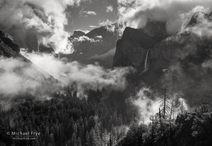 Half Dome and Bridalveil Fall during a clearing storm, Yosemite NP, CA, USA