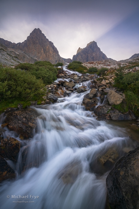 Peaks, cascade, and sunbeams, Sierra Nevada, CA, USA