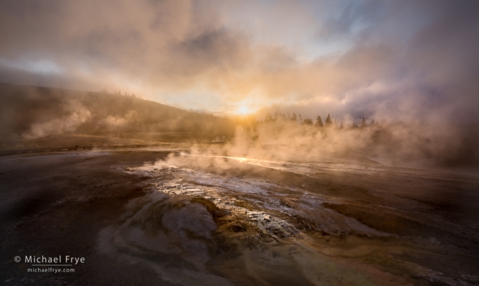 Misty sunrise, Upper Geyser Basin, Yellowstone NP, WY, USA