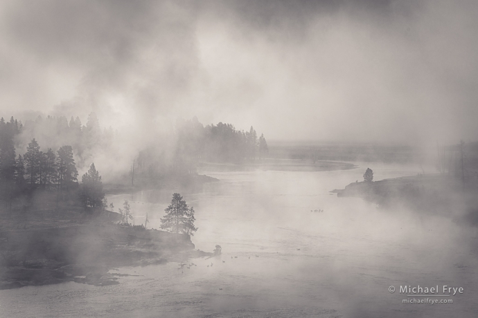 Yellowstone River with fog, Yellowstone NP, WY, USA