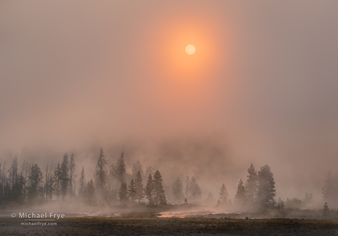 Nebliger Sonnenaufgang, Yellowstone NP, WY, USA