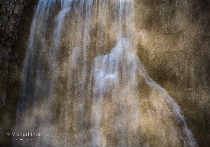 Waterfall with backlit spray, Sierra Nevada, CA, USA