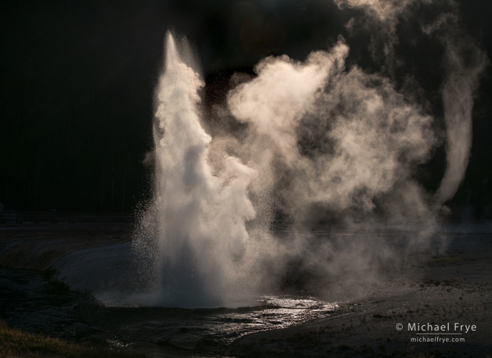 Backlit geyser, Yellowstone NP, WY, USA