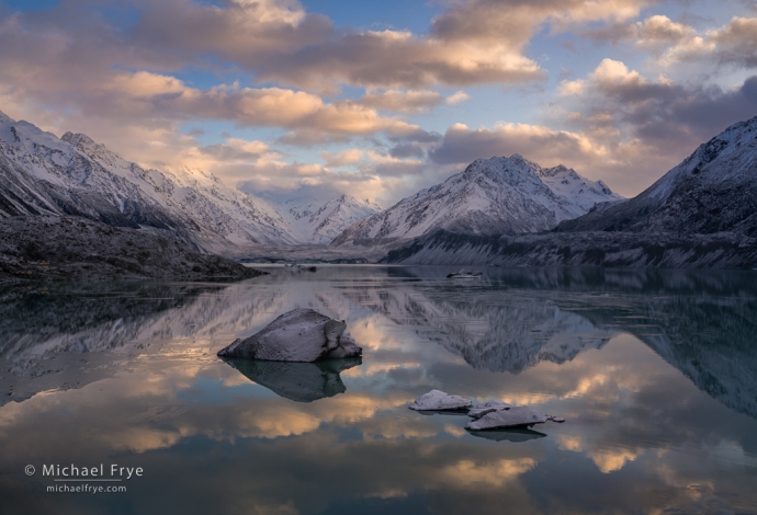 Sunrise at a glacial lake, New Zealand