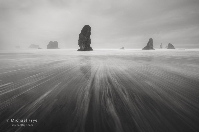 Sea stacks and receding wave, Oregon coast, USA