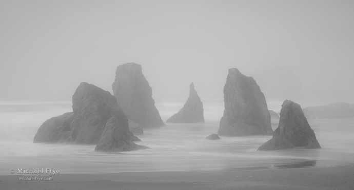 Sea stacks in fog, Oregon coast, USA