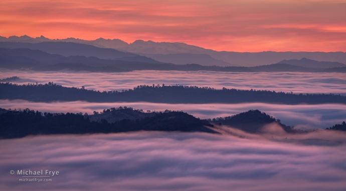 40. Fog and distant peaks at sunrise, Sierra Nevada foothills, CA, USA