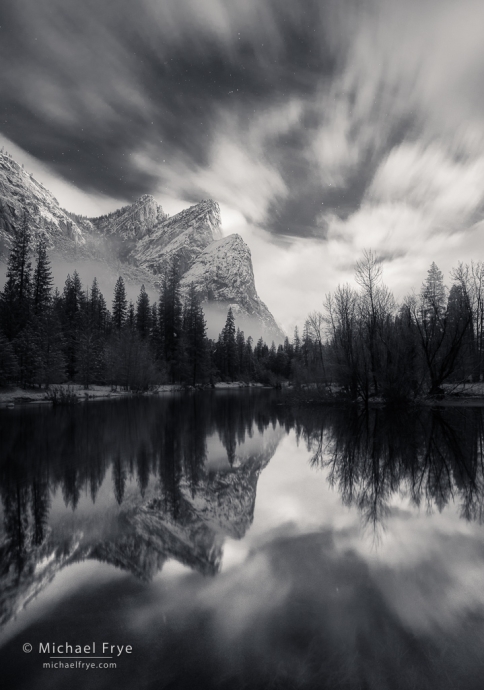 Three Brothers by moonlight, winter, Yosemite NP, CA, USA