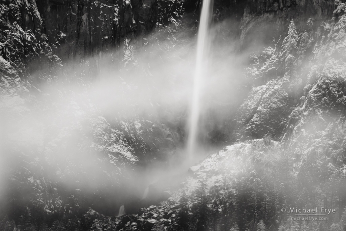 Mist, snow, and Bridalveil Fall, Yosemite NP, CA, USA