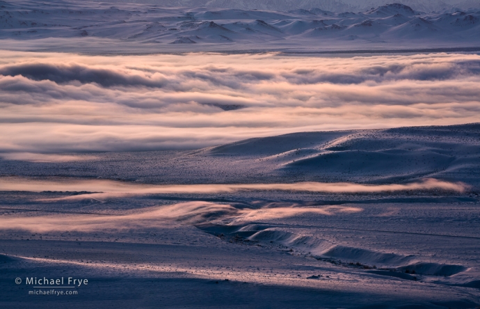 Fog over Mono Lake at sunrise, Mono Lake, CA, USA