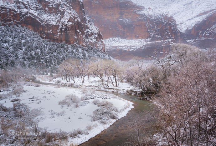 Zion Canyon and the Virgin River after a snowstorm, Zion NP, UT, USA