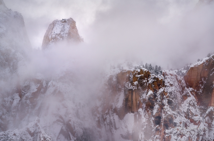 Misty cliffs, winter, Zion NP, UT, USA