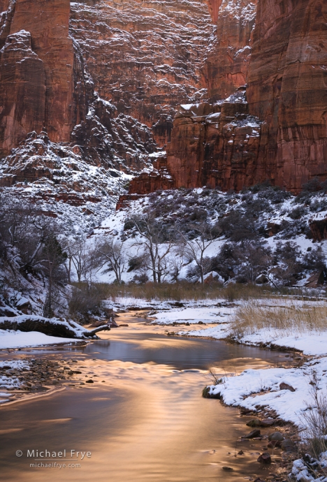 Cliffs and reflections in the Virgin River, Zion NP, UT, USA