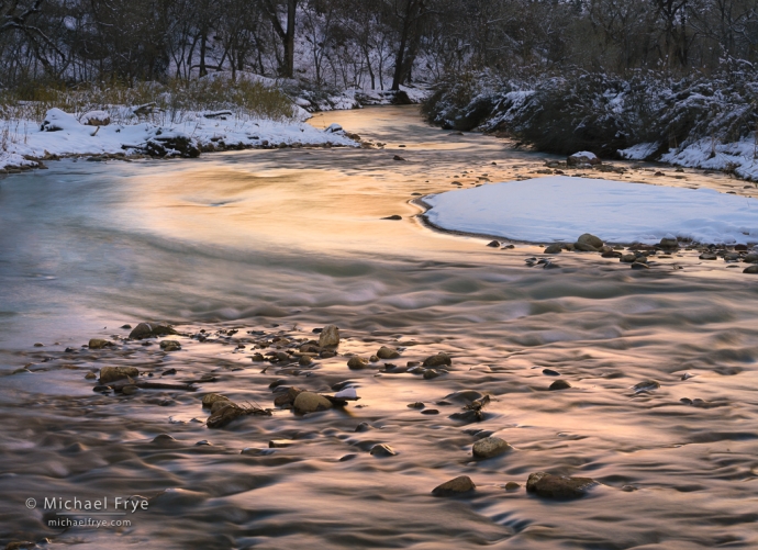 Snow and reflections in the Virgin River, Zion NP, UT, USA