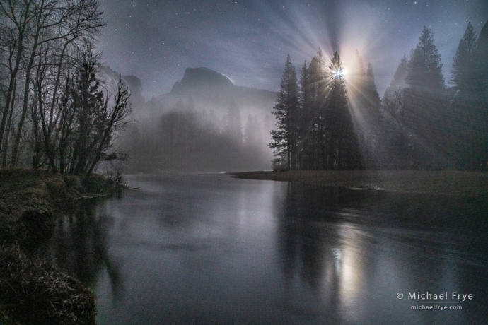Misty moonrise, Half Dome and the Merced River, Yosemite NP, California, with manual noise reduction in Lightroom