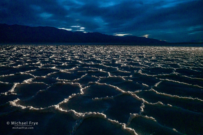 Salt flats at dusk, Death Valley NP, California. After applying a lot of manual noise reduction in Lightroom, this image is barely usable for web viewing.