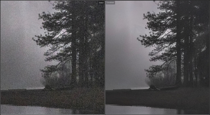 200% comparison using Adobe's standard, manual noise-reduction tools on the left, and the AI-powered Denoise on the right (Amount 50)