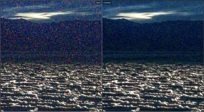 200% view no noise reduction on the left, manual noise reduction in Lightroom on the right.
