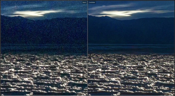 200% view with manual noise reduction on the left, new Denoise (Amount 70) on the right