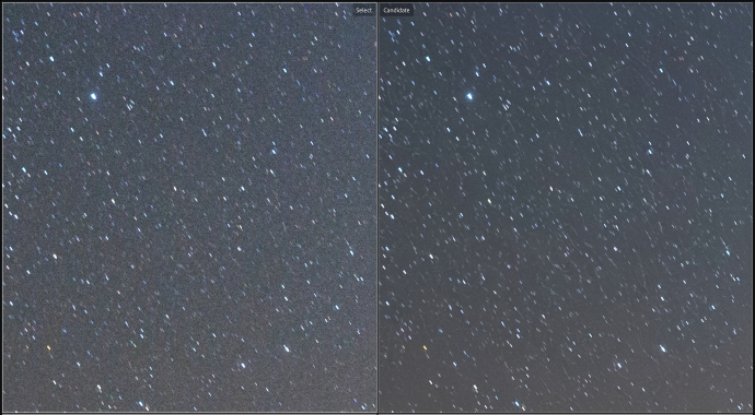 Manual noise reduction on the left, the new AI-powered Denoise on the right. Note the faint little streaks on the right. These streaks are actually present in the version on the left, but less visible, since they're obscured by noise.
