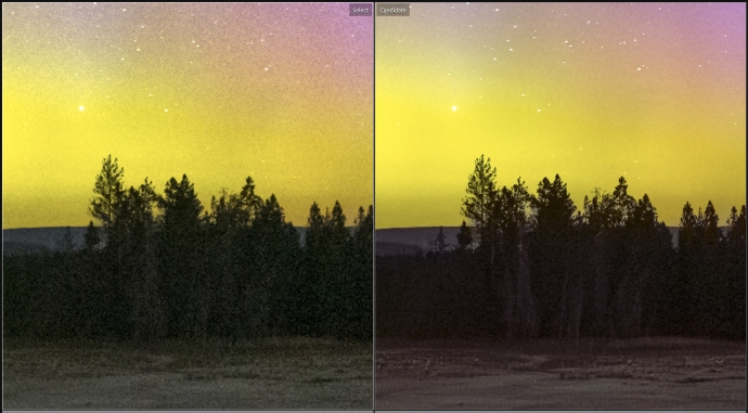 My best efforts with Lightroom's manual noise reduction on the left, and Adobe's new AI-powered Denoise on the right, with the Amount set at 40 (click to view full-size screenshot at 200%)