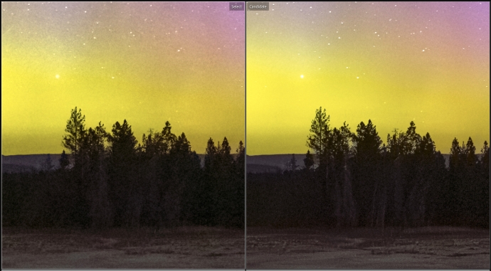My best efforts with Topaz Denoise AI on the left, Adobe's new AI-powered Denoise on the right (click to view full-size screenshot at 200%)