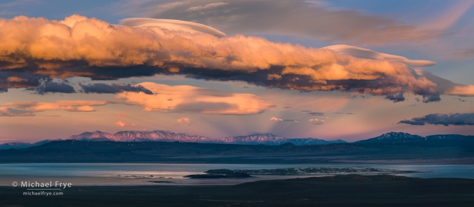 Clouds, Mono Lake, and the White Mountains with anti-crepuscular rays, CA, USA