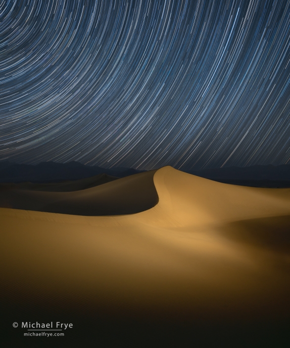 Star trails over sand dunes, Death Valley NP, CA, USA