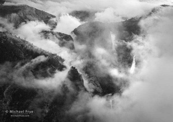 Mist and clouds with Sierra Point, Nevada Fall, and Vernal Fall, Yosemite NP, CA, USA