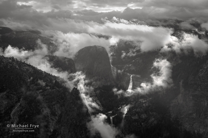 Mist and clouds with Liberty Cap, Nevada Fall, and Vernal Fall, Yosemite NP, CA, USA