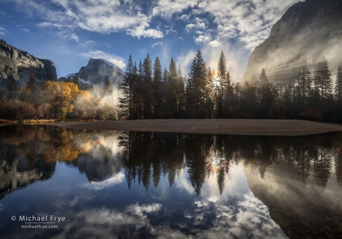 Sunbeams, mist, Half Dome, and the Merced River, Yosemite National Park, California