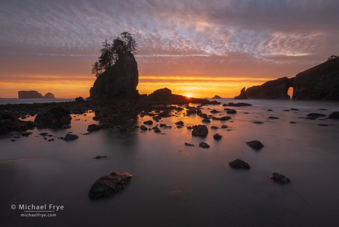 Arch and sea stack at sunset, Olympic Peninsula, WA, USA