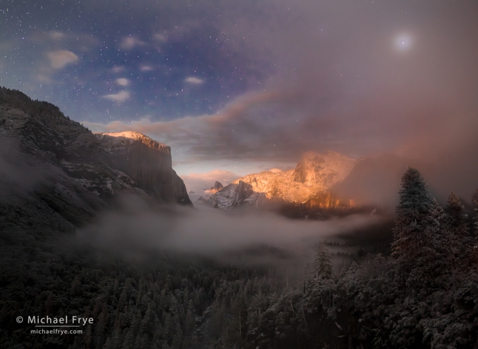 Yosemite Valley lit by the setting moon,  with Jupiter above, Yosemite NP, CA, USA