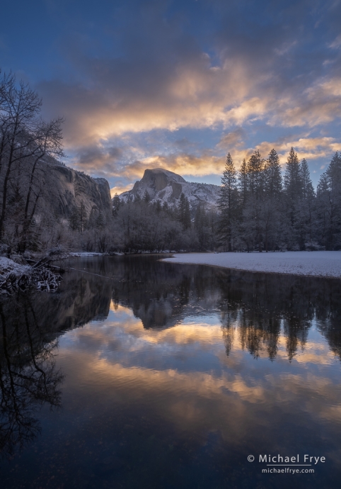 Half Dome and the Merced River at sunrise, winter, Yosemite NP, CA, USA