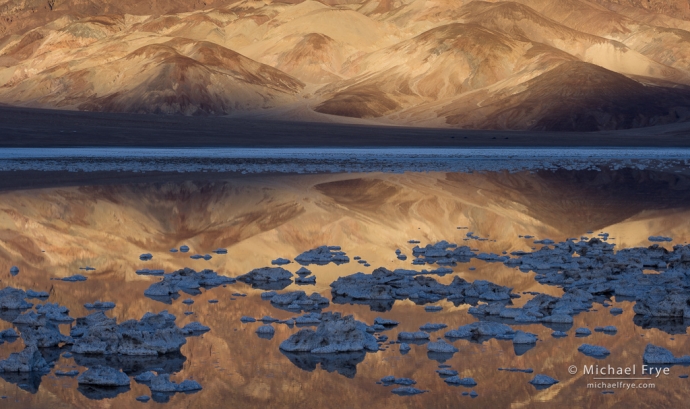 Badlands, reflections, and salt formations, Death Valley NP, CA, USA