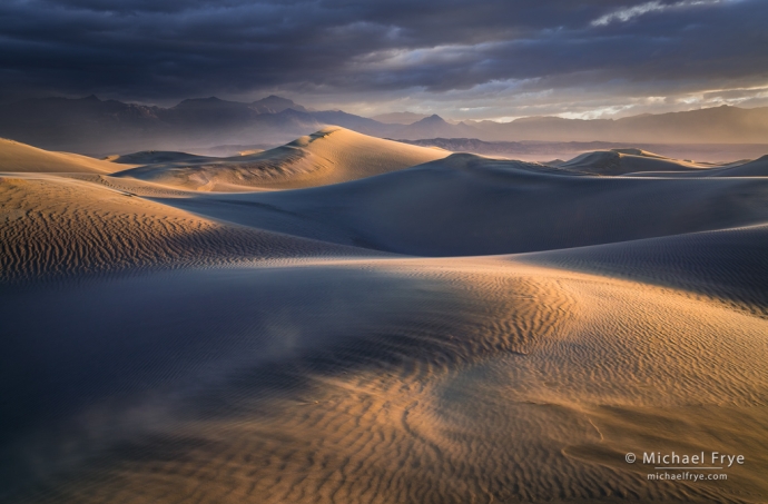 Dunes in a sandstorm at sunrise, Death Valley NP, CA, USA
