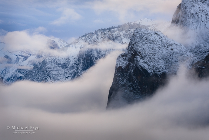 Mist wrapping around Half Dome, Sentinel Rock, and Cathedral Rocks, Yosemite NP, CA, USA