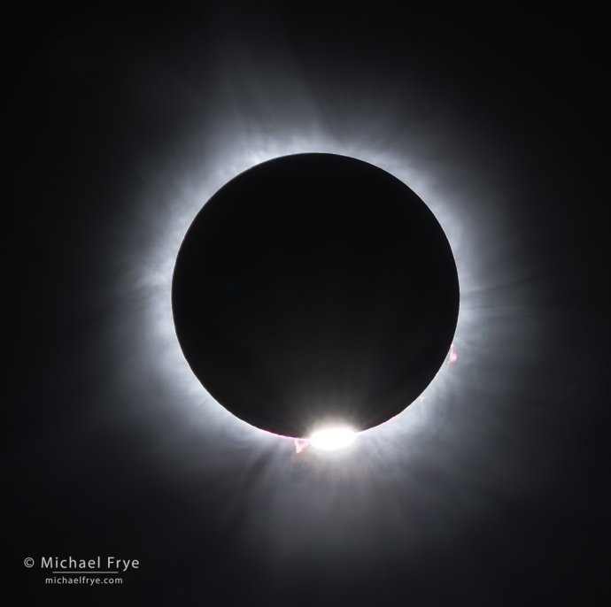The "diamond ring" and solar flares as the sun emerges from a total solar eclipse, April 8, 2024, northeast Arkansas, USA