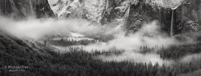 Trees, cliffs, mist, and Bridalveil Fall, Yosemite NP, CA, USA