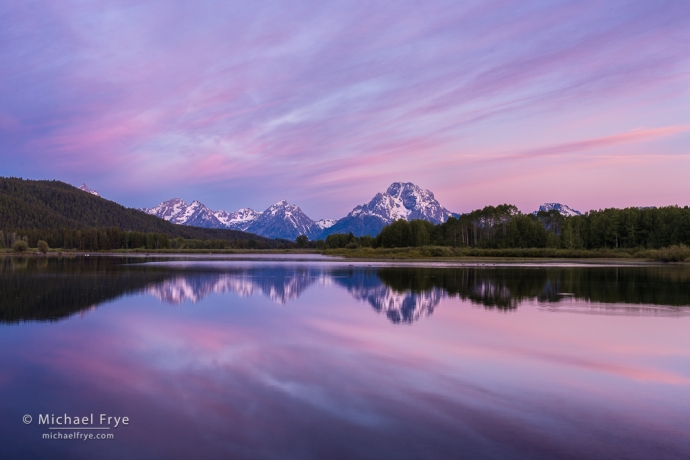 Mt. Moran and the Teton Range reflected in the Snake River at sunrise, Grand Teton NP, WY, USA