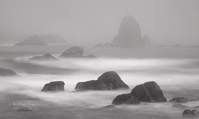 Rocks and sea stacks in fog, Northern California coast, USA