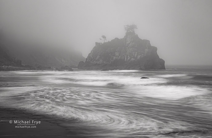Sea stack and swirling waves, Northern California coast, USA