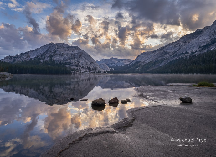 Lake, clouds, and granite domes at sunrise, Yosemite NP, CA, USA