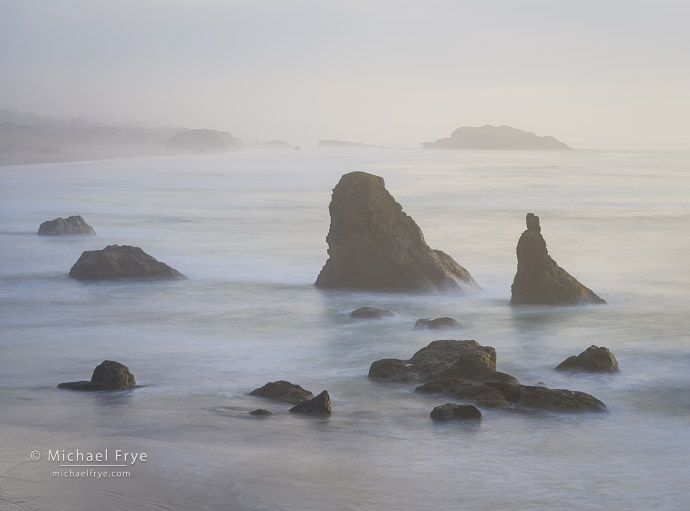 Sea stacks in misty afternoon light, Oregon Coast, USA