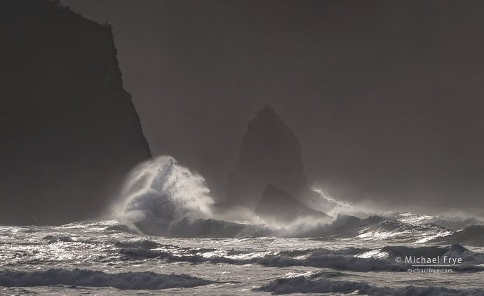 Rocks, fog, and wave splash, Oregon Coast, USA