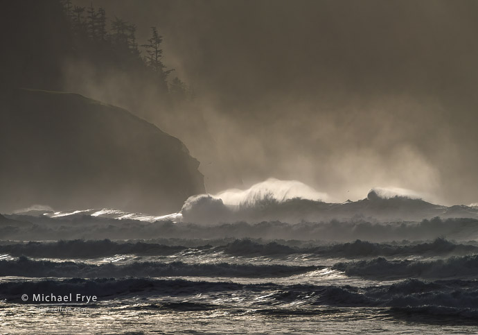 Breaking waves against a misty shoreline, Oregon Coast, USA