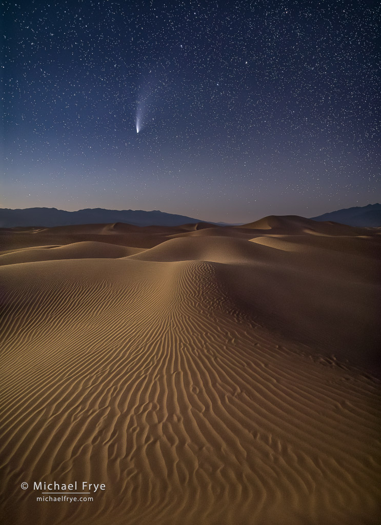 Comet NEOWISE over moonlit sand dunes, Death Valley NP, CA, USA