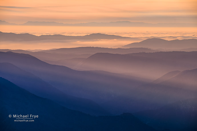 Mist, sunbeams, and a fog layer, Sierra Nevada foothills, CA, USA